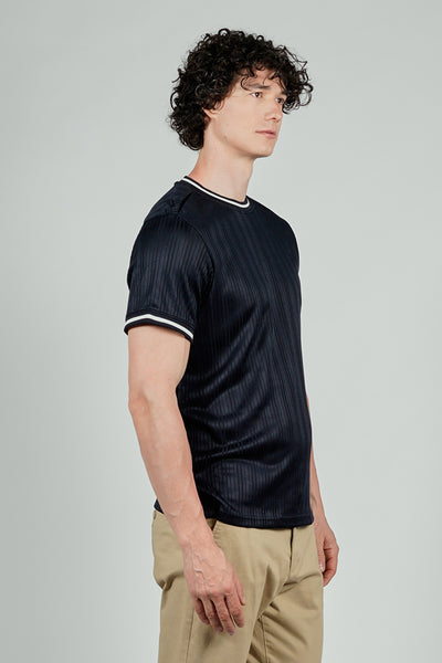 For Him London Stripe Detail Ribbed Crewneck Tee - Navy