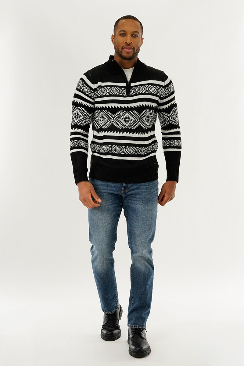 Canada Weather Gear 1/4 Zip Printed Pullover Sweater - Black - Mens Pullover Sweaters - International Clothiers