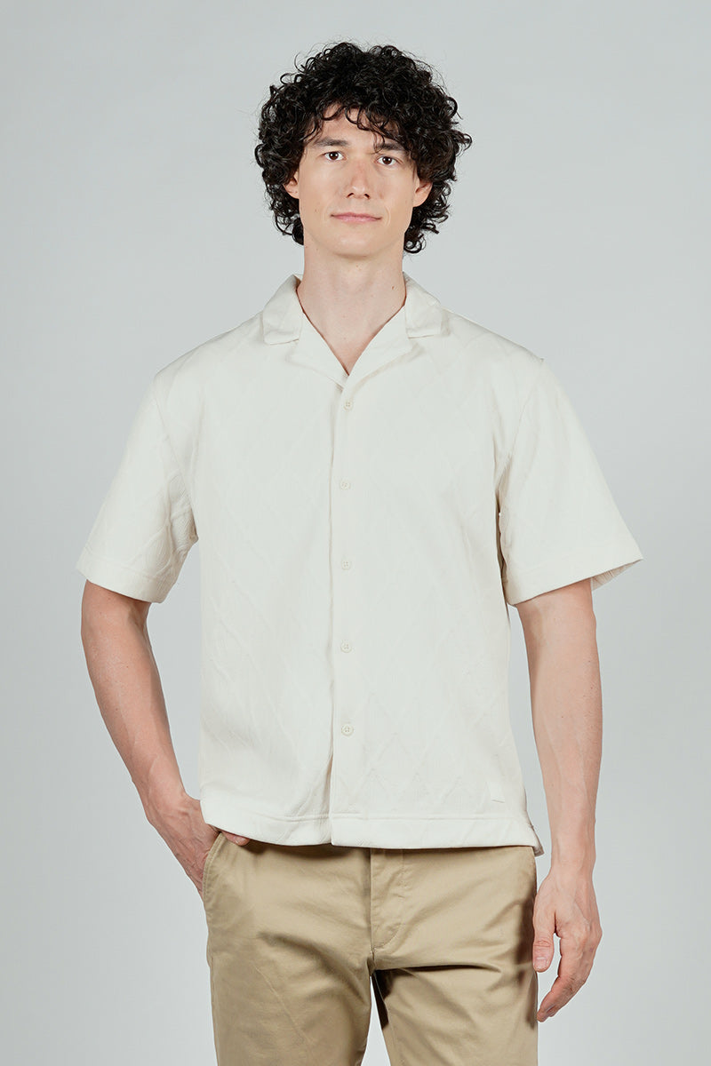 Saints Studio Solid Diamond Pattern Textured Camp Collar Casual Shirt - Cream