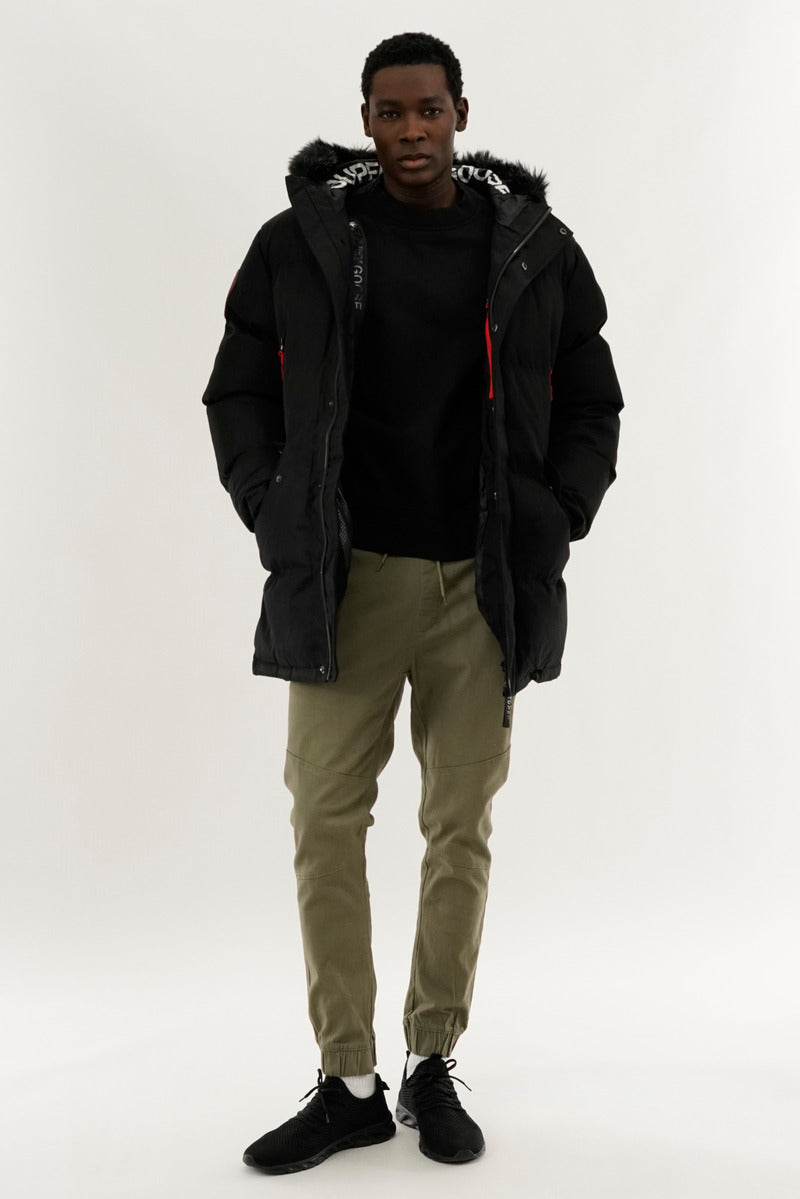 Super Triple Goose Faux Fur Lined Backpack Strap Parka Jacket - Black - Mens Parka Jackets - International Clothiers