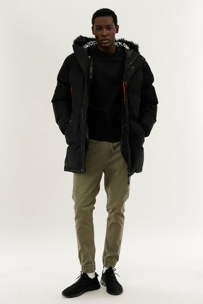 Super Triple Goose Faux Fur Lined Backpack Strap Parka Jacket - Black - Mens Parka Jackets - International Clothiers