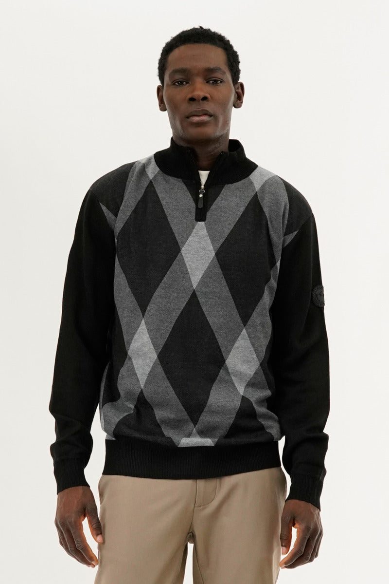 Canada Weather Gear Argyle Print 1/4 Zip Pullover Sweater - Black - Mens Pullover Sweaters - International Clothiers