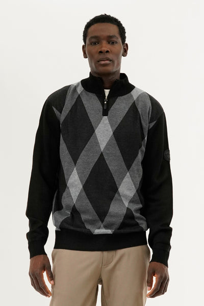 Canada Weather Gear Argyle Print 1/4 Zip Pullover Sweater - Black - Mens Pullover Sweaters - International Clothiers