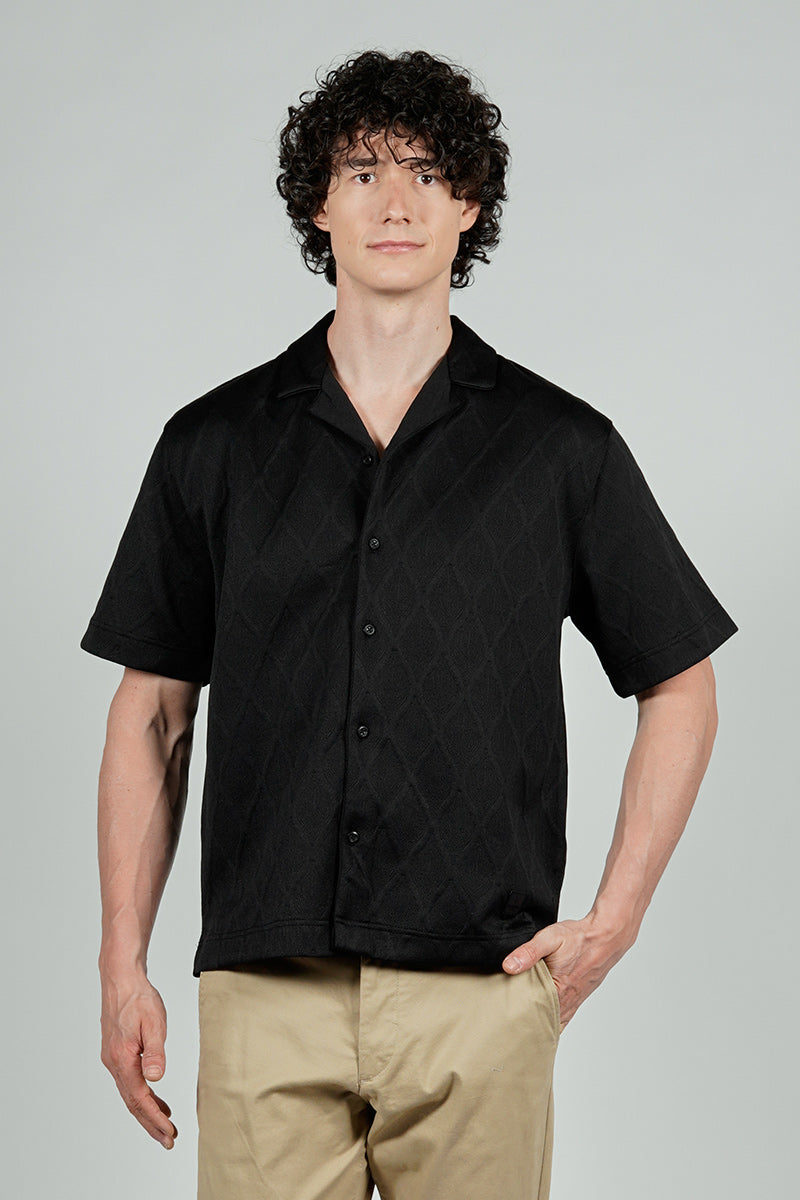 Saints Studio Solid Diamond Pattern Textured Camp Collar Casual Shirt - Black