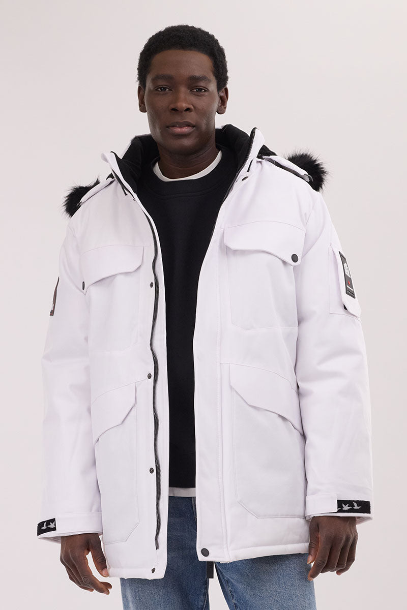 Super Triple Goose Faux Fur Lined Parka Jacket - White - Mens Parka Jackets - International Clothiers