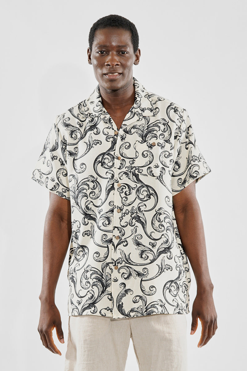Super Triple Goose Vintage Baroque Pattern Button Up Casual Shirt - Beige