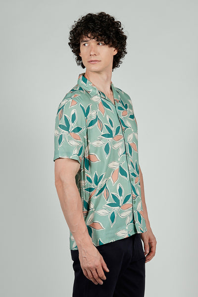 Stylexhange Vintage Leaf Print Camp Collar Button Up Casual Shirt - Mint