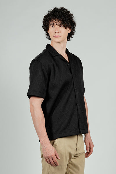 Saints Studio Solid Diamond Pattern Textured Camp Collar Casual Shirt - Black