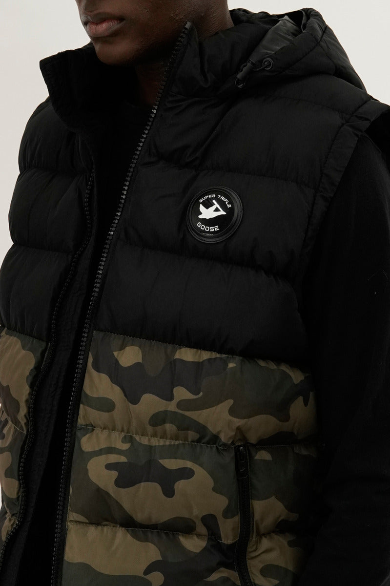 Super Triple Goose Colour Block Camo Hooded Vest - Olive - Mens Vests - International Clothiers