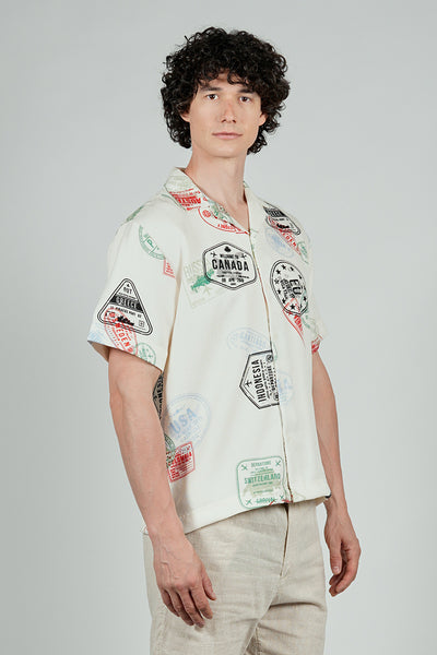 Malibu By Drill Travel Stamp Pattern Button Up Casual Shirt - Cream