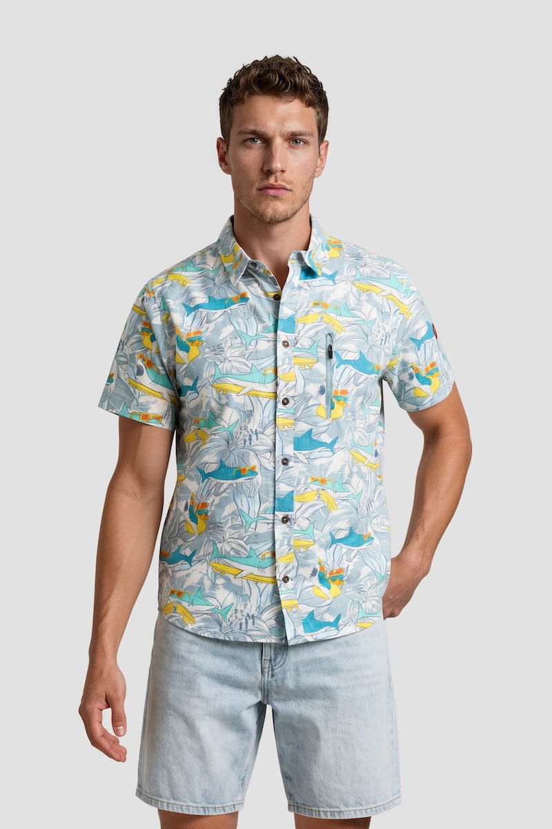 Shark Print Short Sleeve Button Up Casual Shirt - Multi