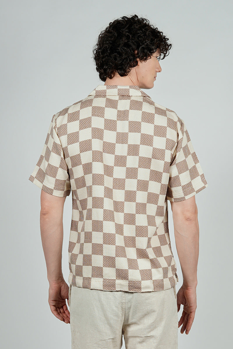 Malibu By Drill Checkerboard Pattern Button Up Casual Shirt - Cream