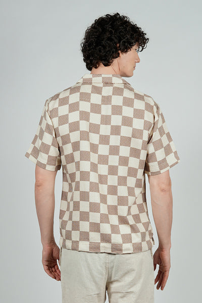 Malibu By Drill Checkerboard Pattern Button Up Casual Shirt - Cream