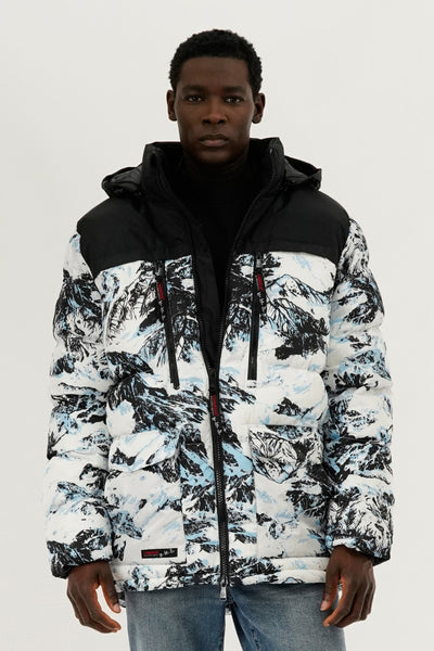 Canada Weather Gear Mountain Print Puffer Bomber Jacket - White - Mens Bomber Jackets - International Clothiers