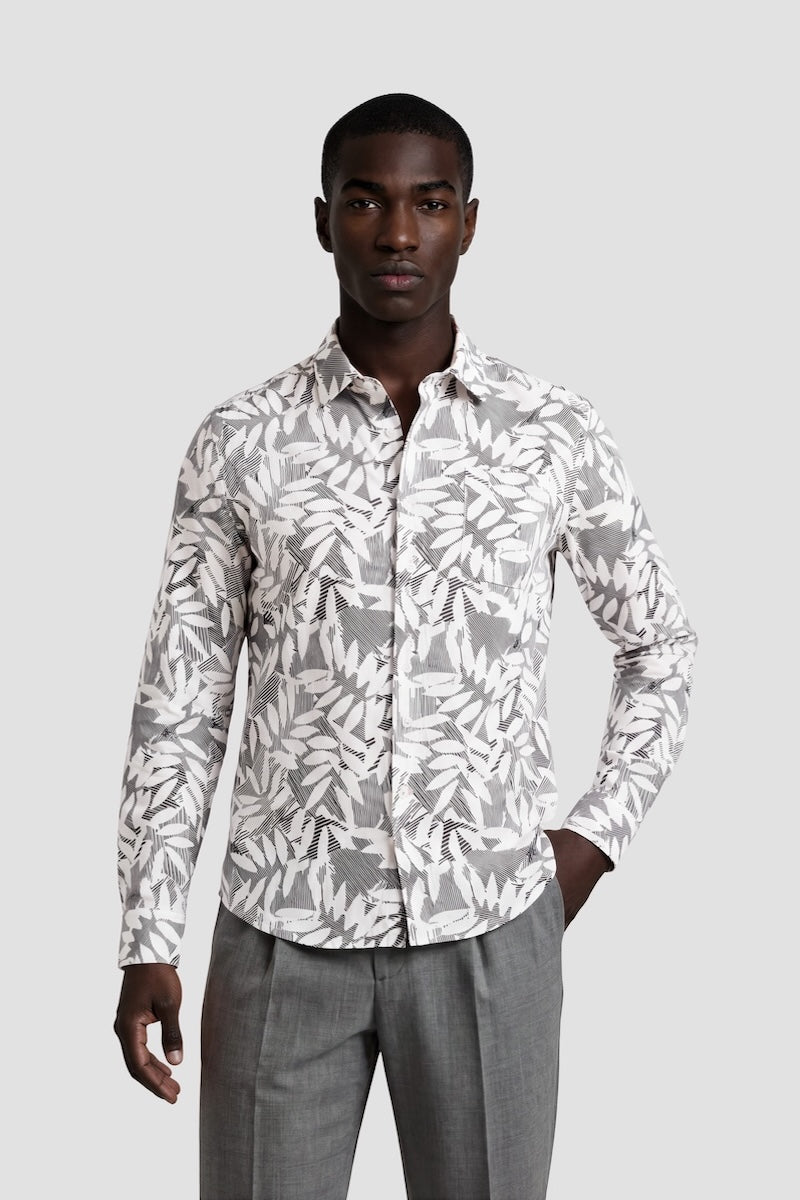 Plant Print Button Up Casual Shirt - Grey
