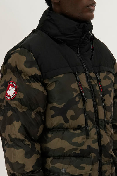 Canada Weather Gear Colour Block Camo Puffer Bomber Jacket - Olive - Mens Bomber Jackets - International Clothiers