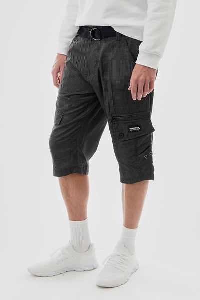 Essentials Super Triple Goose Grid Pattern Belted Cargo Shorts - Black - Mens Shorts & Capris - International Clothiers