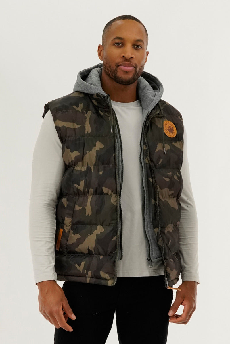 Canada Weather Gear Hooded Camo Print Puffer Vest - Olive - Mens Vests - International Clothiers