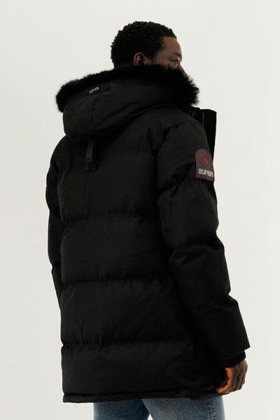 Super Triple Goose Faux Fur Lined Backpack Strap Parka Jacket - Black - Mens Parka Jackets - International Clothiers