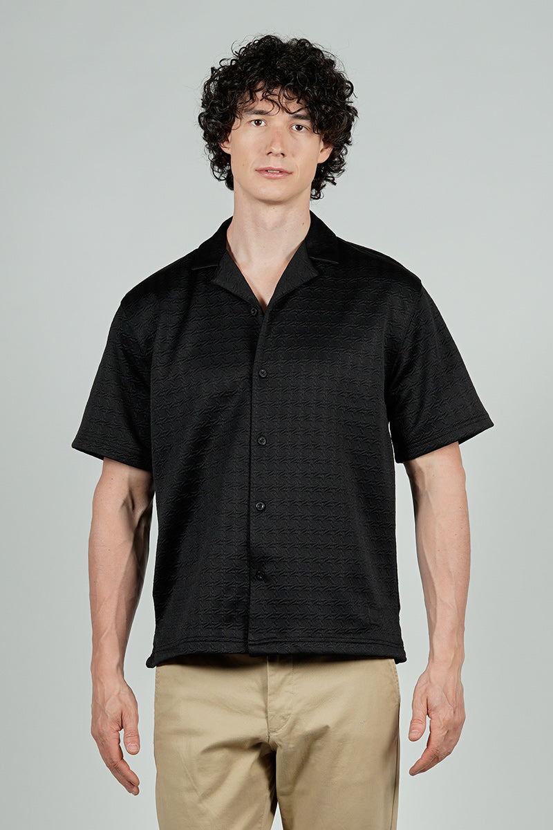 Saints Studio Solid Textured Camp Collar Casual Shirt - Black