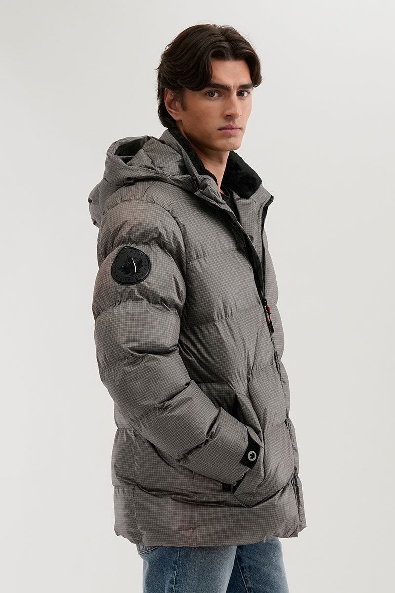 Canada Weather Gear Grid Pattern Puffer Parka Jacket - Grey - Mens Parka Jackets - International Clothiers