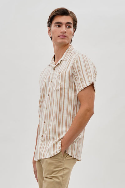 Super Triple Goose Vintage Striped Button Up Casual Shirt - Beige - Mens Casual Shirts - International Clothiers