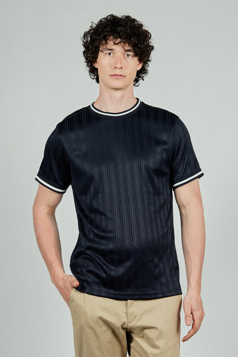 For Him London Stripe Detail Ribbed Crewneck Tee - Navy