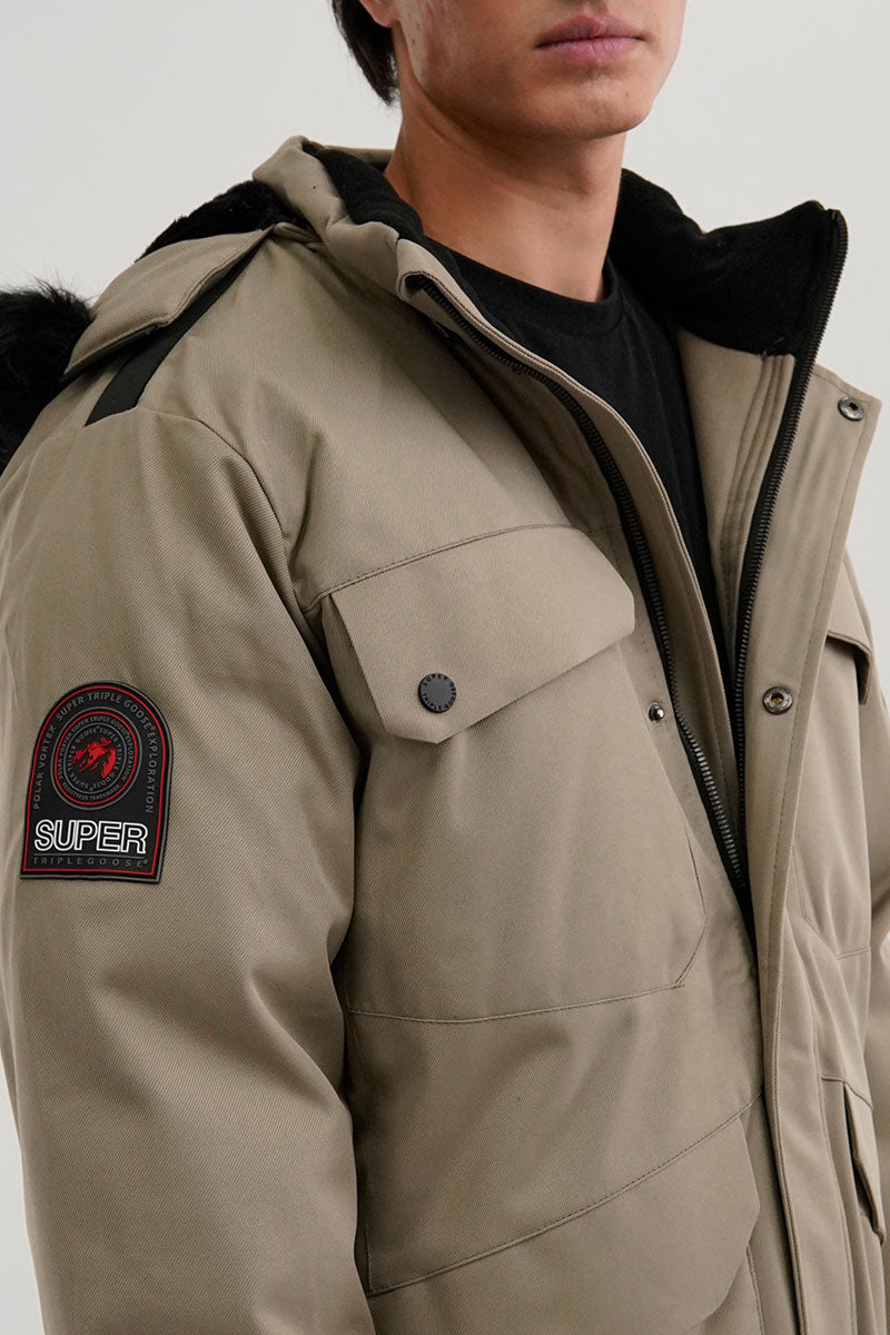 Super Triple Goose Faux Fur Lined Parka Jacket - Beige - Mens Parka Jackets - International Clothiers