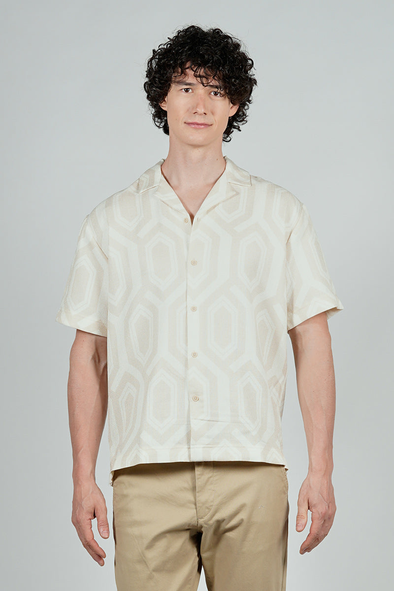 Malibu By Drill Geometric Pattern Button Up Casual Shirt - Cream
