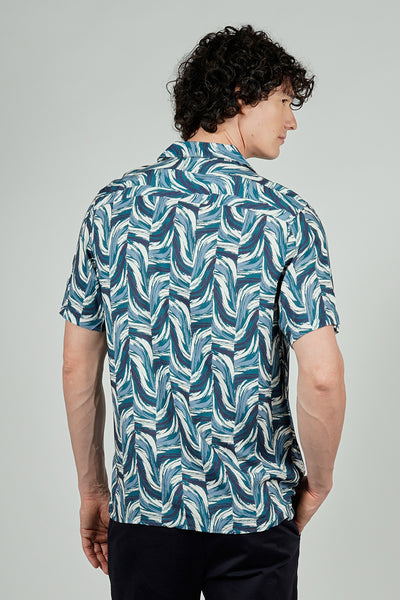 Stylexhange Vintage Patterned Camp Collar Button Up Casual Shirt - Blue