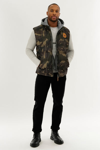 Canada Weather Gear Hooded Camo Print Puffer Vest - Olive - Mens Vests - International Clothiers