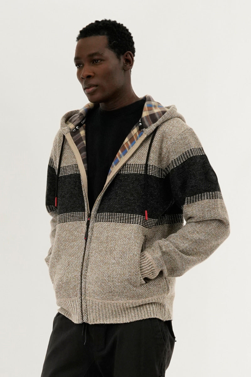 Canada Weather Gear Plaid Lined Striped Zip Up Hoodie - Beige - Mens Hoodies & Sweatshirts - International Clothiers
