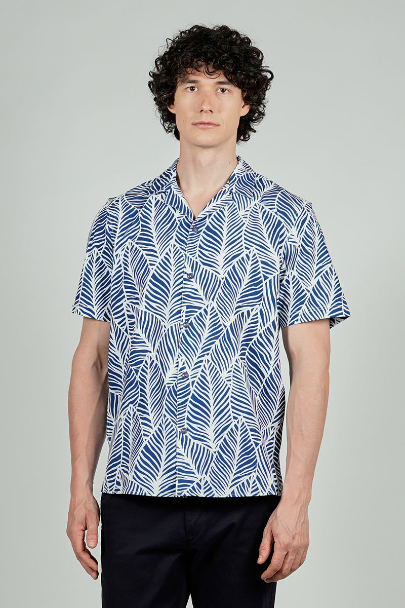 International INC Company Leaf Print Camp Collar Button Up Casual Shirt - Blue