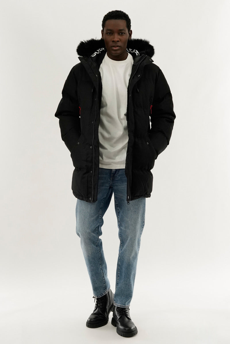 Super Triple Goose Faux Fur Lined Backpack Strap Parka Jacket - Black - Mens Parka Jackets - International Clothiers