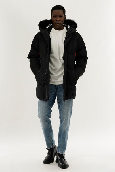 Super Triple Goose Faux Fur Lined Backpack Strap Parka Jacket - Black - Mens Parka Jackets - International Clothiers