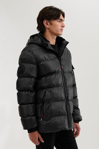 Canada Weather Gear Grid Pattern Puffer Parka Jacket - Black - Mens Parka Jackets - International Clothiers