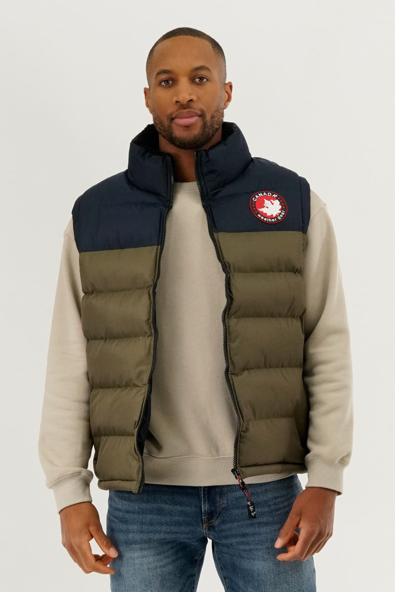 Colour Block Puffer Vest - Olive