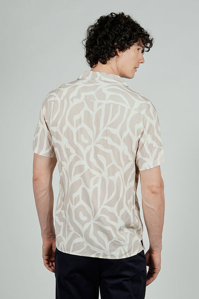 Stylexhange Vintage Patterned Camp Collar Button Up Casual Shirt - Cream