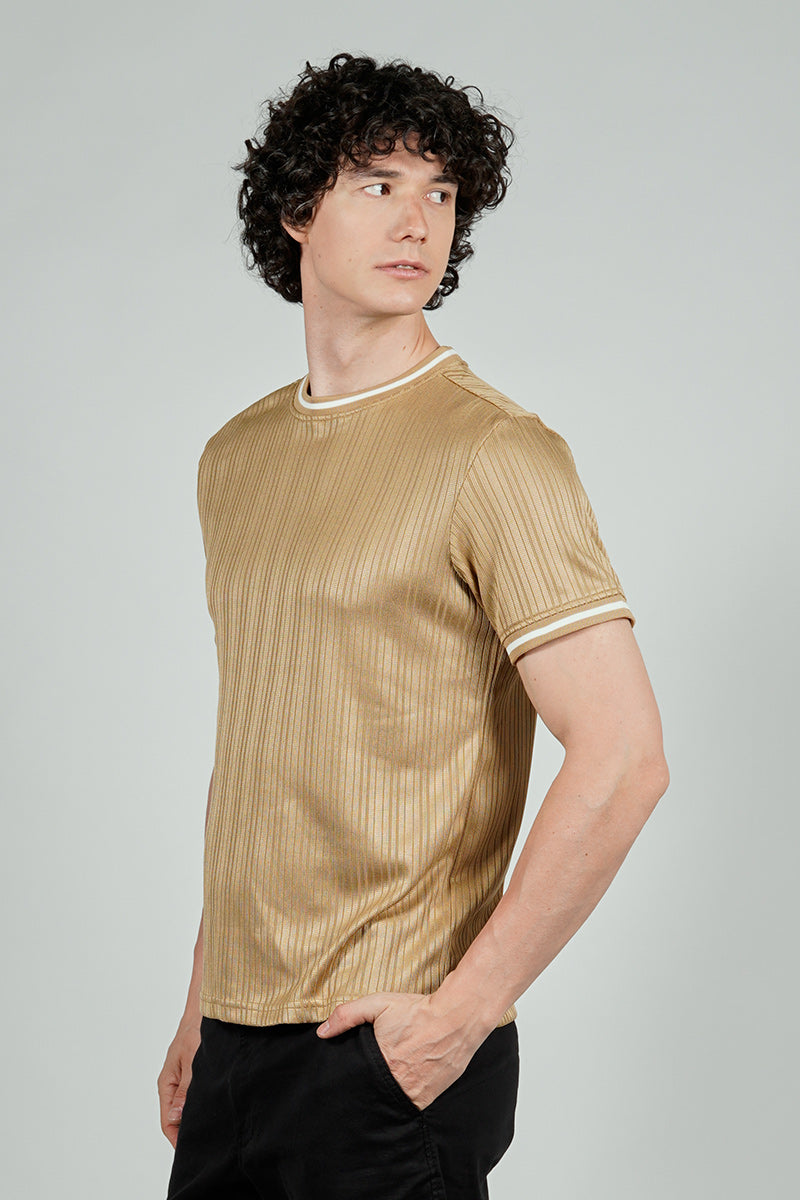 For Him London Stripe Detail Ribbed Crewneck Tee - Camel