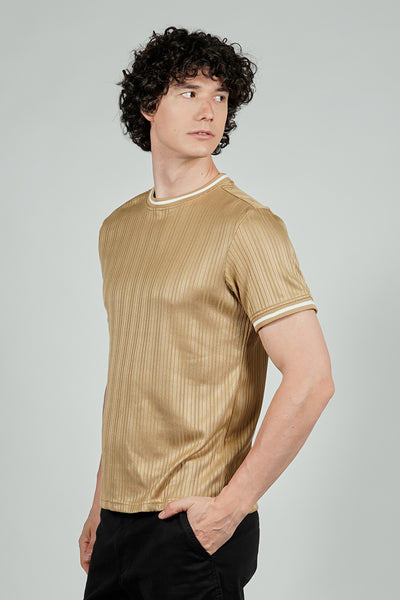 For Him London Stripe Detail Ribbed Crewneck Tee - Camel