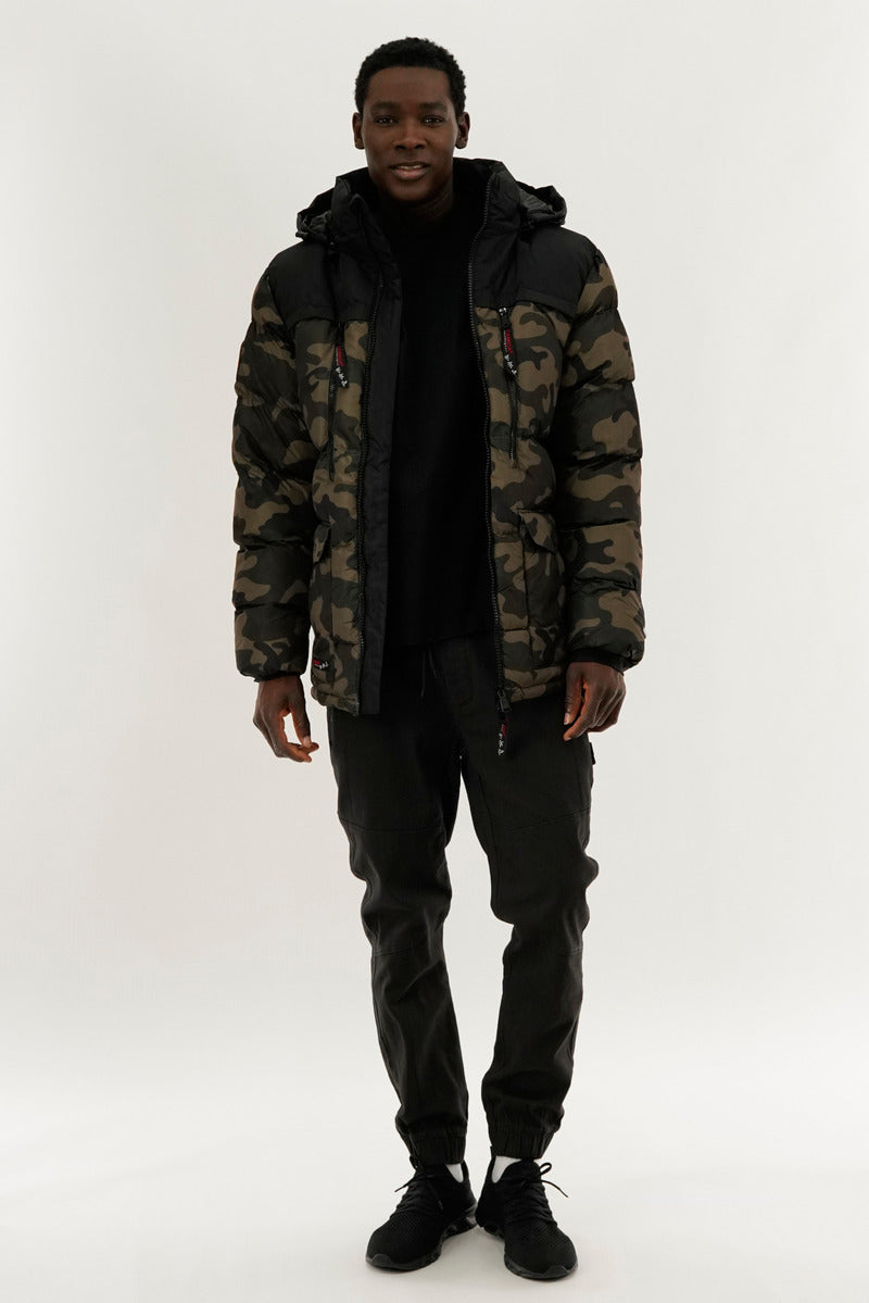 Canada Weather Gear Colour Block Camo Puffer Bomber Jacket - Olive - Mens Bomber Jackets - International Clothiers