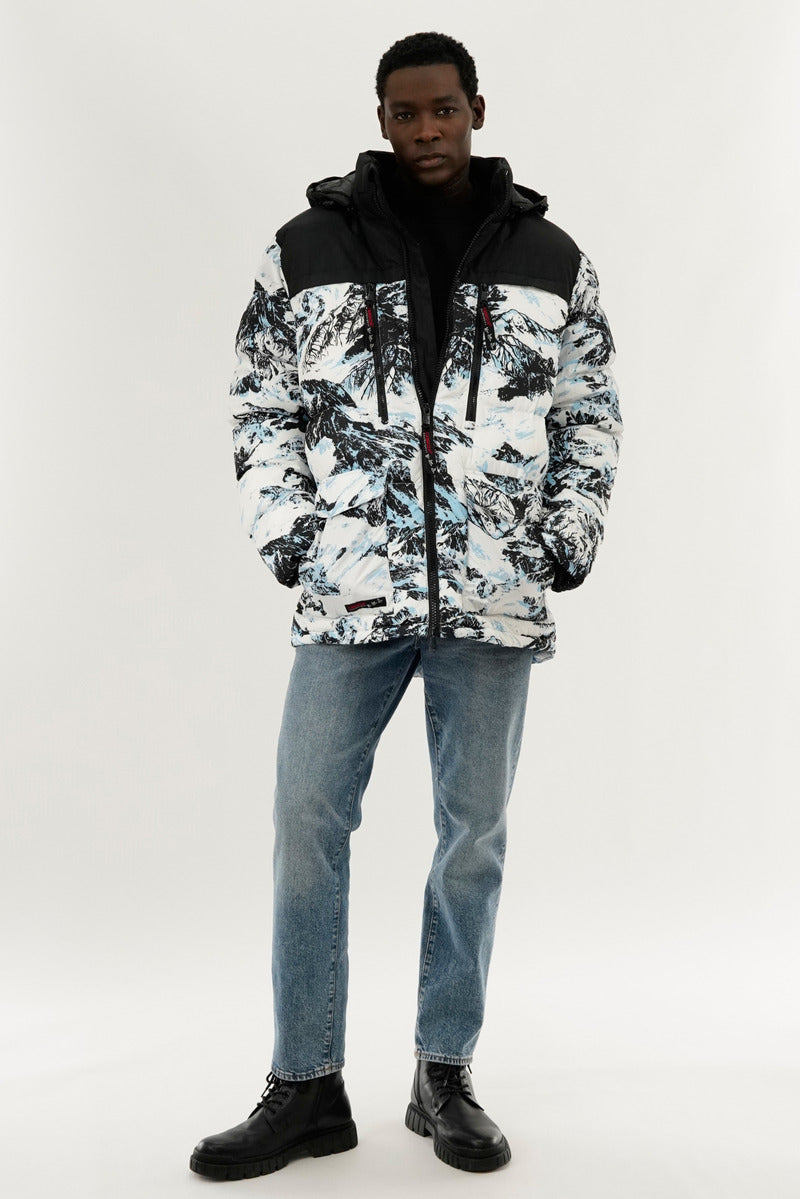 Canada Weather Gear Mountain Print Puffer Bomber Jacket - White - Mens Bomber Jackets - International Clothiers