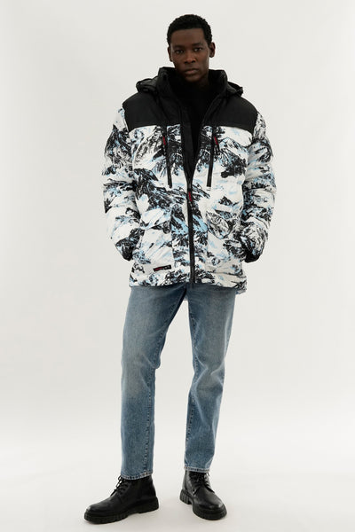 Canada Weather Gear Mountain Print Puffer Bomber Jacket - White - Mens Bomber Jackets - International Clothiers