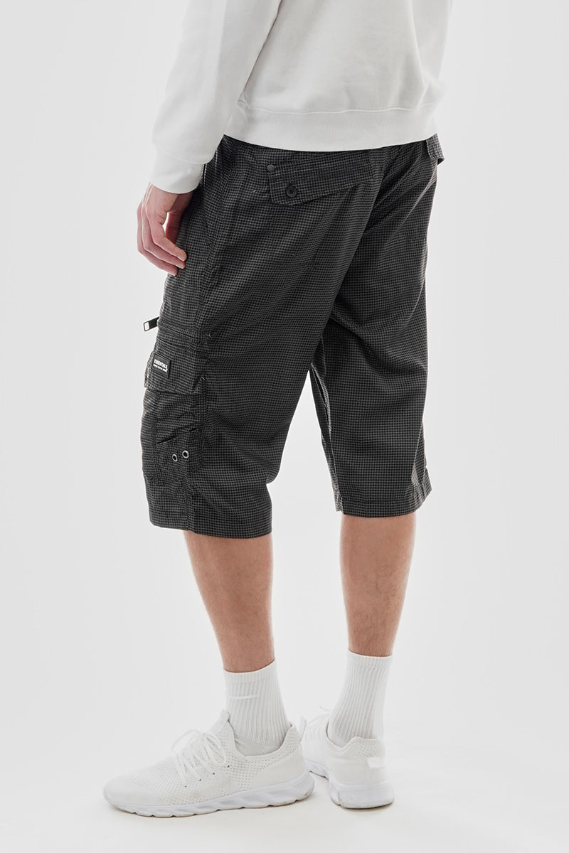 Essentials Super Triple Goose Grid Pattern Belted Cargo Shorts - Black - Mens Shorts & Capris - International Clothiers