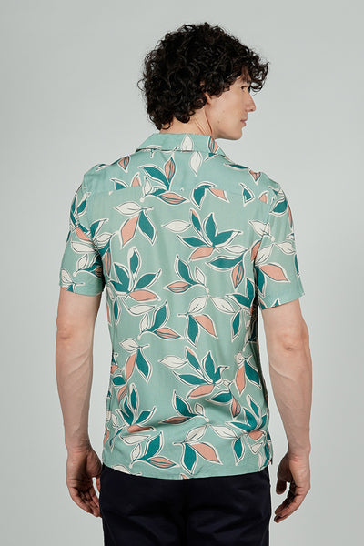 Stylexhange Vintage Leaf Print Camp Collar Button Up Casual Shirt - Mint