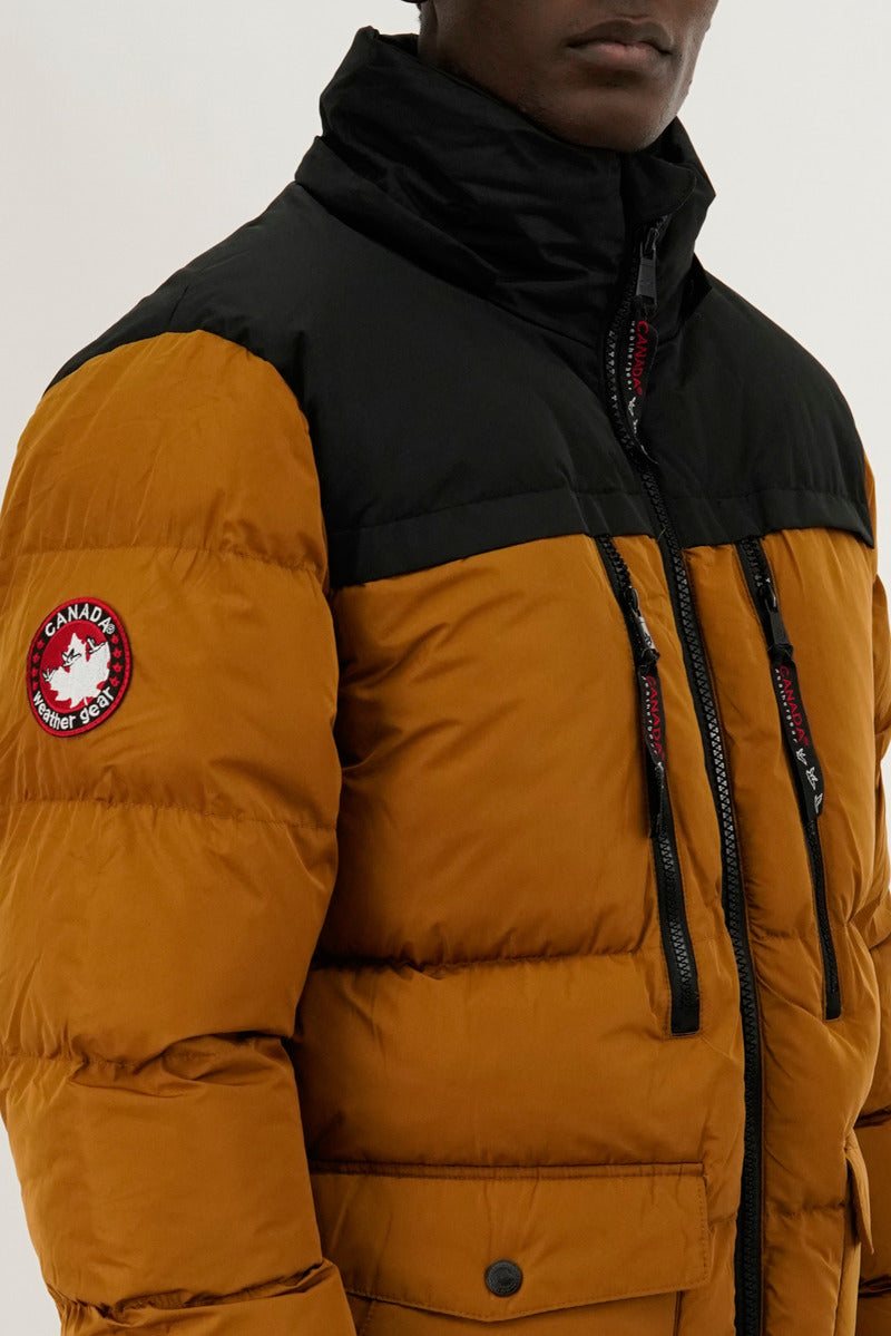 Canada Weather Gear Colour Block Puffer Bomber Jacket - Caramel - Mens Bomber Jackets - International Clothiers