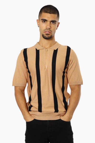 Jay Y. Ko Striped Zip Up Polo Shirt - Camel - Mens Polo Shirts - International Clothiers