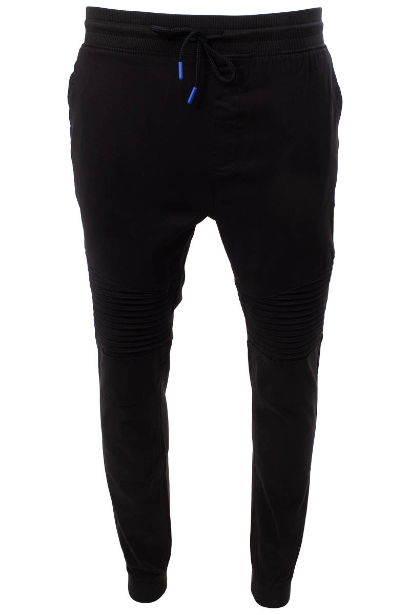 Super Triple Goose Solid Tie Waist Moto Jogger Pants - Black - Mens Pants - International Clothiers