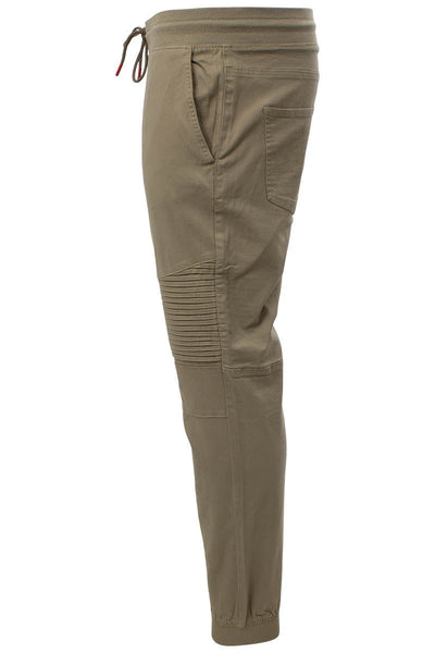 Super Triple Goose Solid Tie Waist Moto Jogger Pants - Olive - Mens Pants - International Clothiers